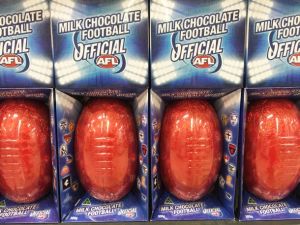 Australian-made AFL easter eggs on display at Woolworths.